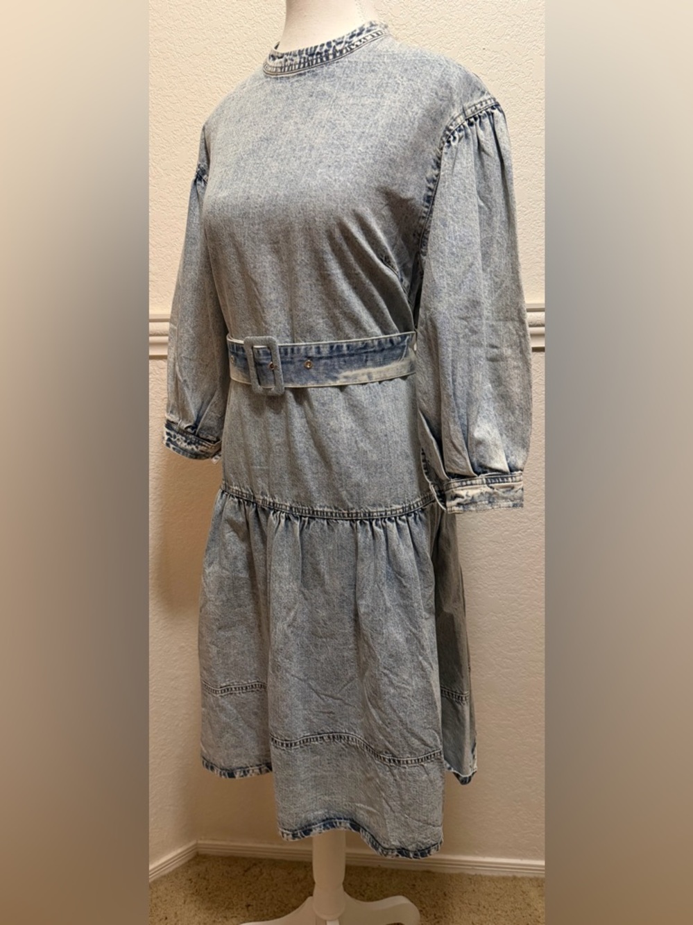 Front Row by Sara & Goldy Boho Denim Belted Midi Dress – Tiered | Puff Sleeve - Picture 9 of 12